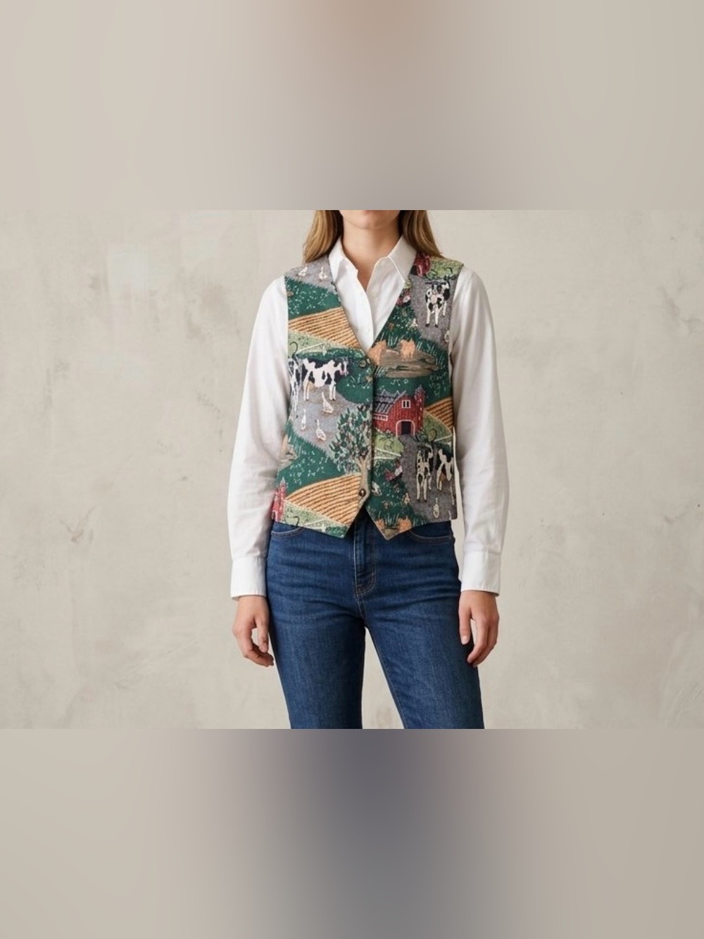 Vintage 90s On The Verge Farm Tapestry Vest Size Medium Cottagecore Cows Barn